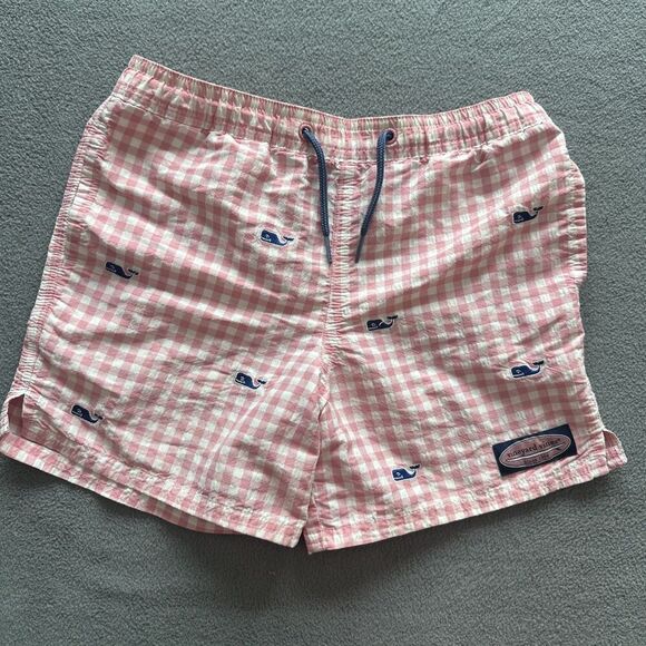 Vineyard Vines Unlined Swim Trunks Hybrid Short Boys Size 7 Pink Gingham Pockets - Picture 1 of 5